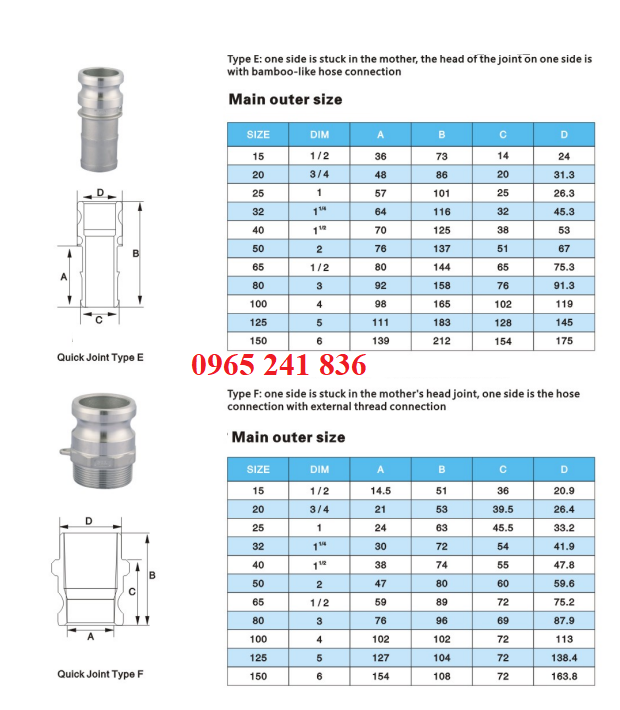 Catalogue khớp nối nhanh inox E, F.