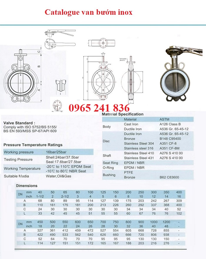 Catalogue van bướm inox tay gạt, bản vẽ van bướm inox.