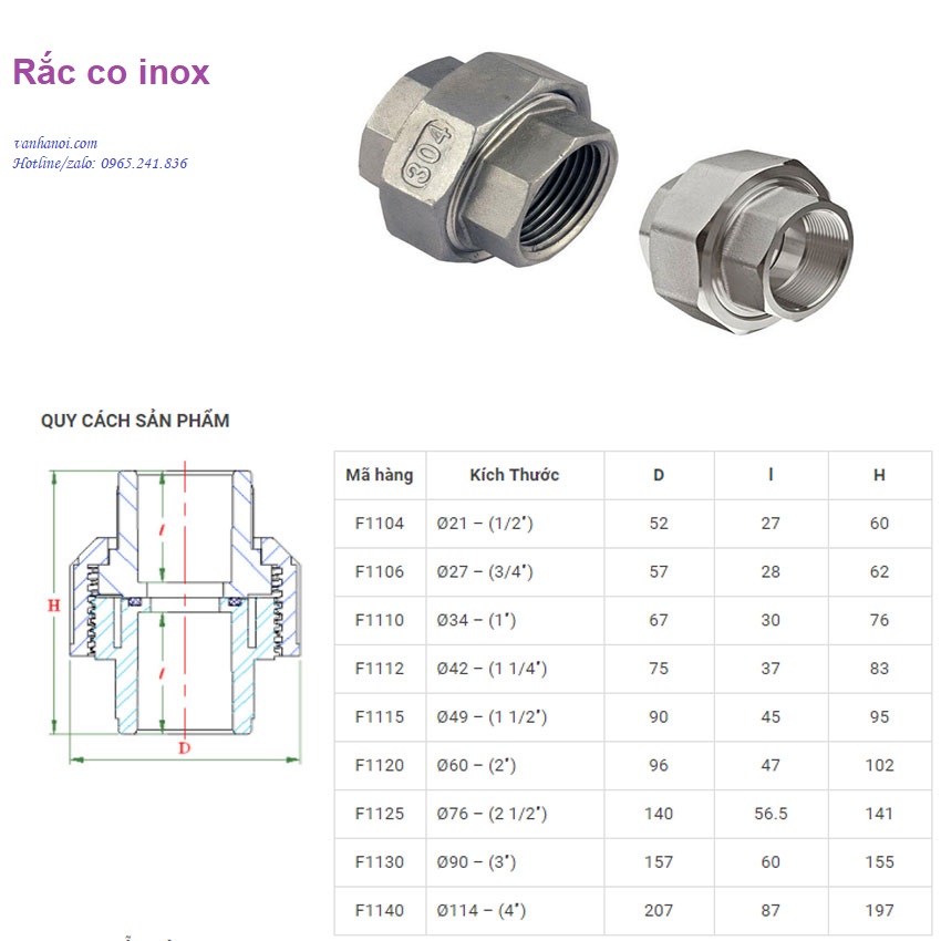 Cấu tạo bảng kích cỡ, catalogue rắc co inox.